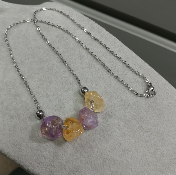 Citrine Amethyst Necklace Natural Gemstone Crystal Pendant Stainless-Steel 19.5" - Picture 9 of 11